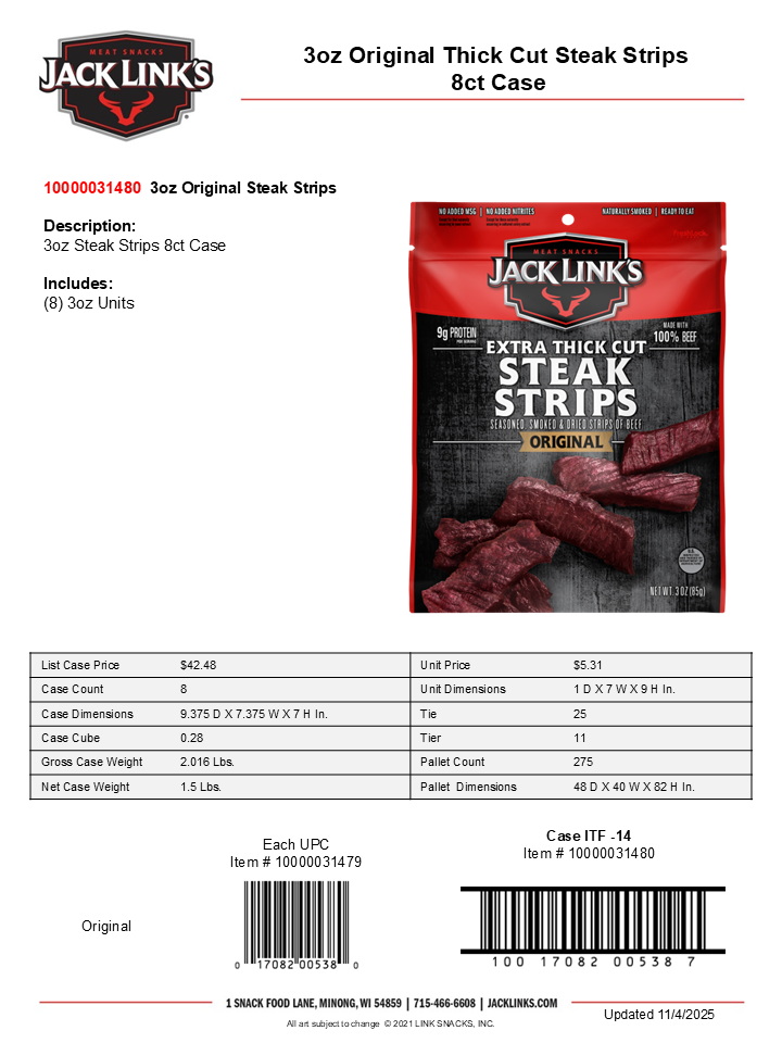 3oz Original Thick Cut Steak Strips 8ct Case