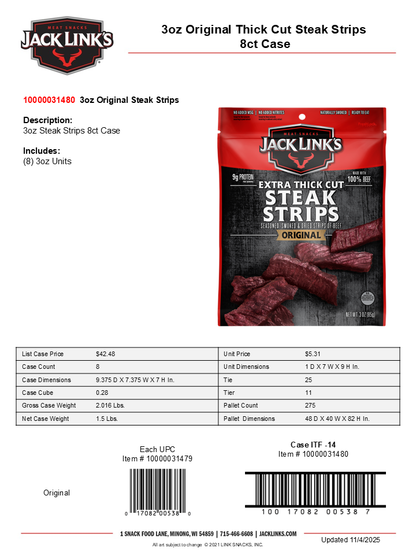 3oz Original Thick Cut Steak Strips 8ct Case